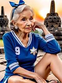 An elderly woman in a blue cheerleader uniform poses at Borobudur Indonesia