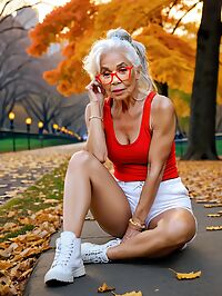 An elderly model poses in Central Park at 4am pale and wrinkled skin on full display