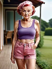 Elderly model poses in halter top and bikini on Forbidden City grounds at sunrise